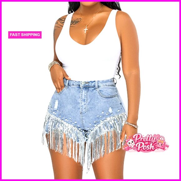 Denim Shorts with Rhinestone Pearl Beaded Fringe Tassel Design